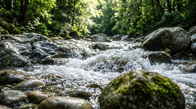 Close-up view of water rapids flowing over stones in a river at a travel attraction.
