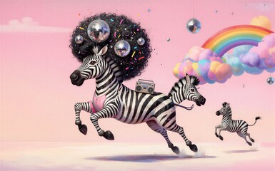 Naklejka premium Zebra with afro and boombox dances under rainbow disco balls float in