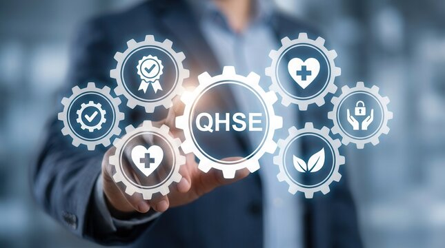 Businessman touching QHSE icon to implement a quality health safety environment management system.