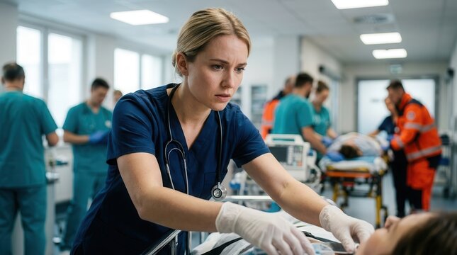 Medical staff providing urgent care to a patient in a busy emergency room.