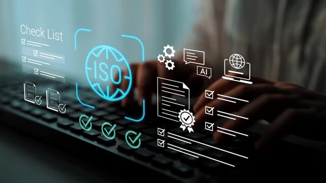 Hands Typing on Keyboard with Digital Icons Representing Checklist and ISO Certification Process for Quality Management System Gluon.