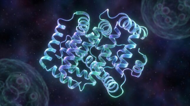 3d illustration of glowing protein folding structure in dark scientific background