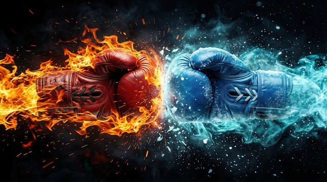 Two boxing gloves clashing in fire and ice with copyspace for fight night poster.
