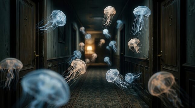 Ethereal translucent jellyfish apparitions floating through a dim hallway.