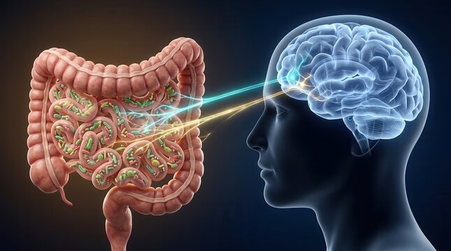 Medical illustration of the gut-brain connection showing neural pathways between intestines and the brain.