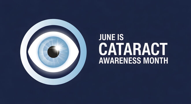 blue eye with cataract awareness month banner for june health campaign