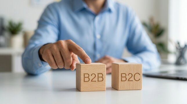 Wooden blocks showing B2B and B2C choice for market segmentation concept.