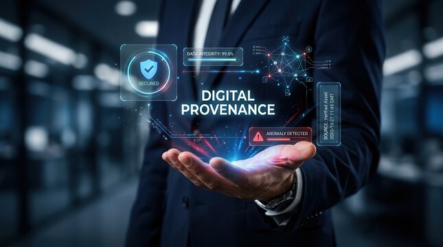 Businessman holding a digital provenance interface for media authentication and verification.