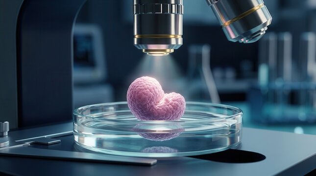 Microscope examining a single embryo in a petri dish for IVF cryopreservation.