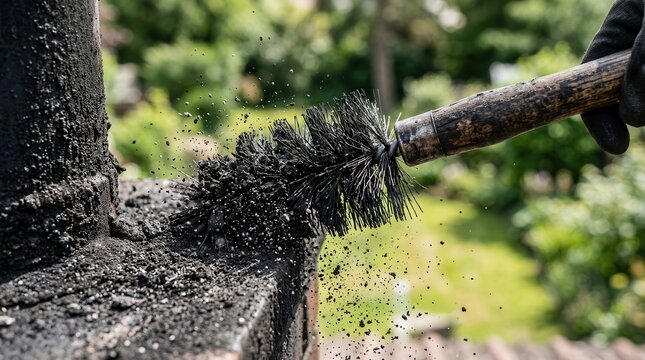 Professional brush cleaning a chimney roof for maintenance.