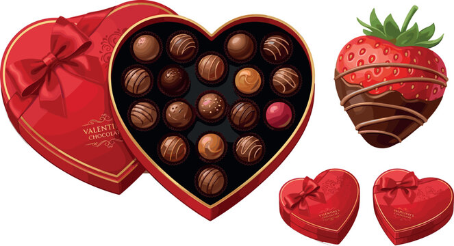 Valentine&rsquo;s Day Chocolate Heart Box with Assorted Chocolates and Dipped Strawberry for Romantic Gifts and Sweet Treat Illustrations