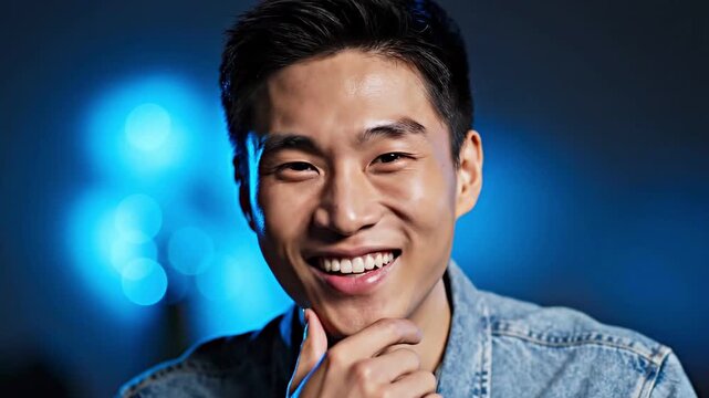 Confident Asian man smiling for portrait, happy young male professional in denim jacket, cheerful guy with blue bokeh background