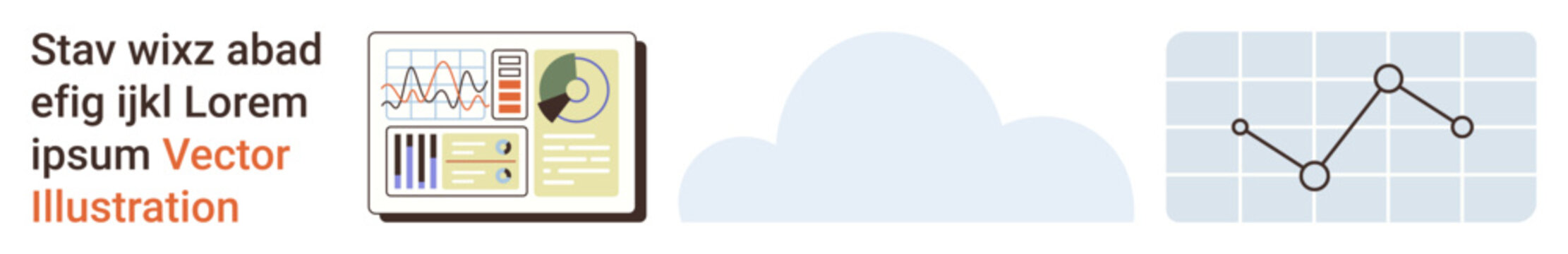 Data analysis, cloud computing, statistics, business intelligence, software development, machine learning. Dashboard with data graphs, cloud image and chart. Data analysis and cloud computing
