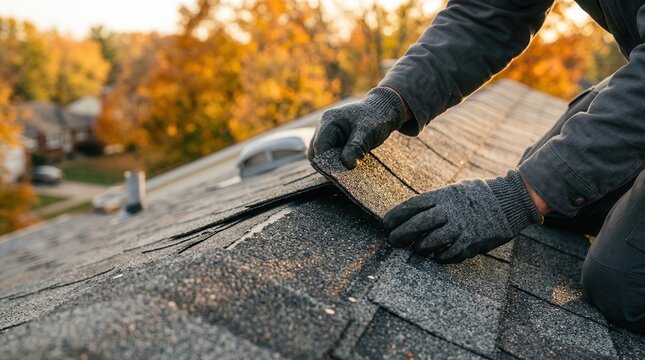 Professional worker inspecting and repairing an asphalt shingle on a residential roof during maintenance.