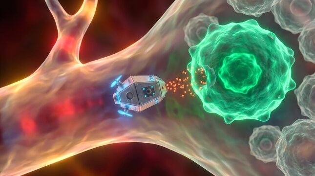 3d medical animation of nanobot delivering targeted drug therapy in human bloodstream
