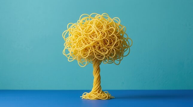 A yellow tree made of spaghetti strands growing out of a blue wall.