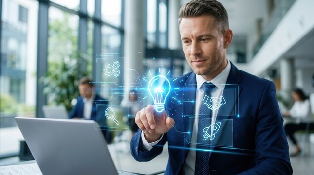 A professional interacting with virtual icons representing the design thinking process for innovation.