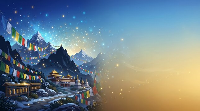 Saga Dawa Festival Background with Gradient Blue to Gold, Prayer Flags and Mountain Silhouettes on the Left Side for Spiritual and Cultural Design