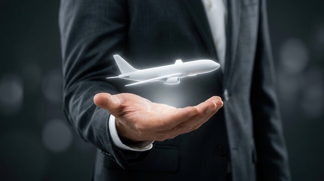 Businessman presenting a virtual airplane model for professional travel and airline service concept.