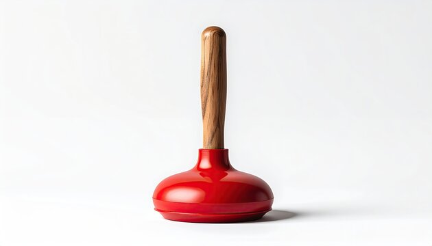A vibrant red plunger with a polished wooden handle, isolated on white