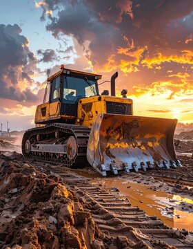 Yellow bulldozer on muddy ground against dramatic sunset sky