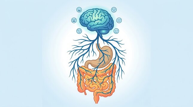 An illustration of the brain, intestines, and vagus nerve showing gut-brain interaction.