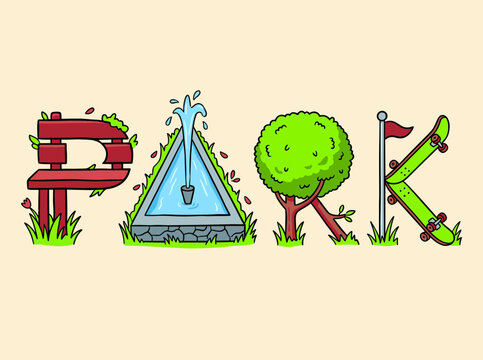 Park Word Art Typography with Bench Fountain Tree and Skateboard Elements, Creative Public Space Concept Illustration with Colorful Icons Vector