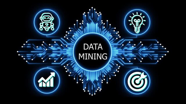 data mining logo on glowing circuit board network, connected business icons for finance, analytics, partnership, growth and innovation on black background