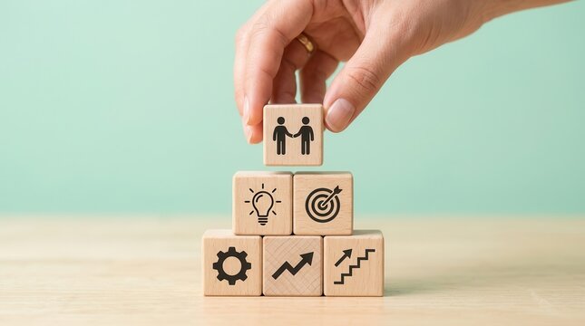 Onboarding new employee process concept using wooden blocks for staff induction.