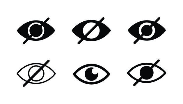Crossed-out eye icon vector set featuring hidden visibility symbols in thin line style for privacy, security, and interface design.