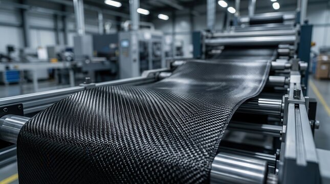 Carbon fiber fabric on a manufacturing production line showcasing strength and innovation.