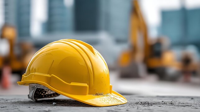 A close-up view of a yellow hard hat resting on a construction site, symbolizing safety and diligence in the industrial environment surrounding it.