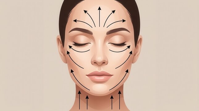 Woman performing face yoga with directional massage lines for lift and contour.