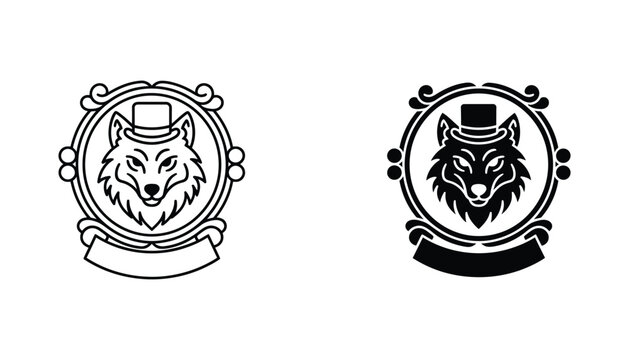 Wolf head with top hat in ornate vintage frame icon in line art and solid black silhouette style