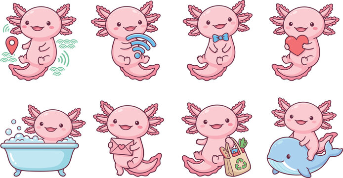 Cute axolotl character vector illustration set performing various lifestyle activities like shopping bathing and using technology for kids digital app and sticker design.