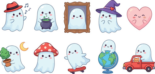 Fototapeta premium Cute little ghost characters vector illustration set featuring Halloween magic travel and daily hobbies.
