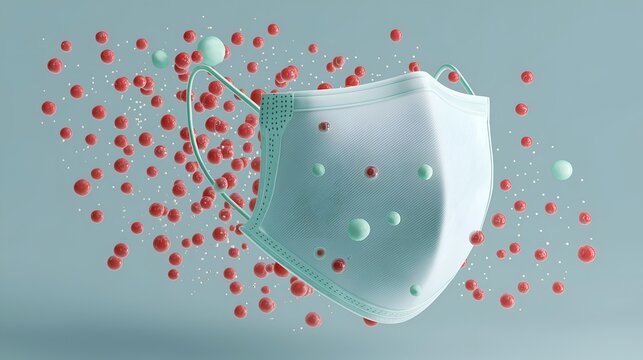 A conceptual image of a white face mask surrounded by colorful virus particles, representing health awareness and safety during a pandemic.