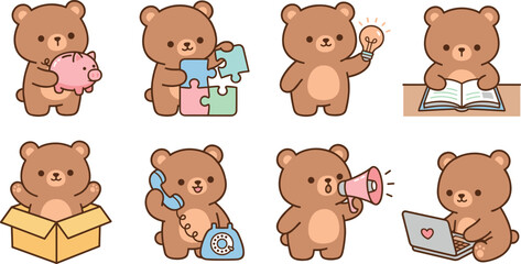 Obraz premium Cute bear character vector illustration set performing various business office education and lifestyle activities.
