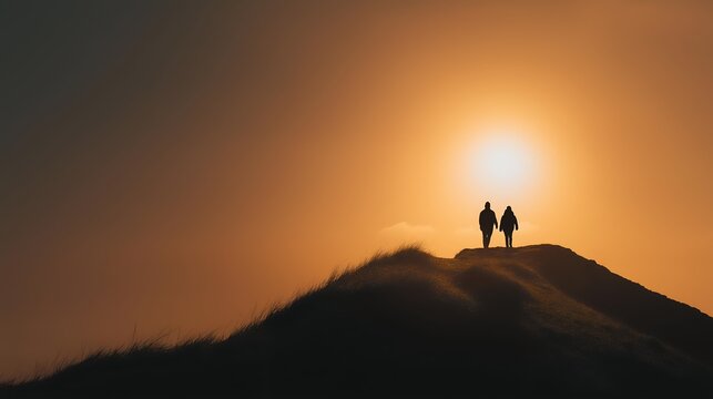 A couple stands together on a hill, silhouetted against a breathtaking sunset. The warm colors create a romantic atmosphere, perfect for capturing love.