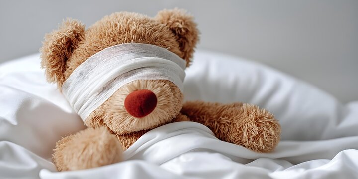 A cozy teddy bear wrapped in soft bedding, wearing a bandage across its eyes. Perfect for themes of care, comfort, and childhood innocence.