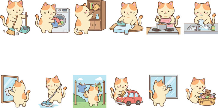 Cute cat character vector illustration set performing household chores like cleaning cooking laundry mopping and car wash for domestic lifestyle and housekeeping service design.