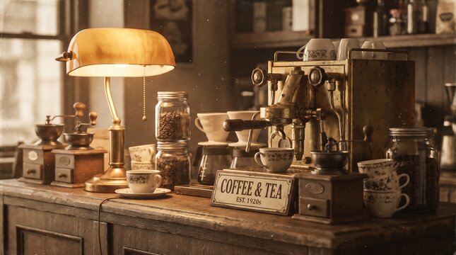 Vintage cafe counter with retro lamp lighting, coffee equipment setup, warm sepia tones, nostalgic atmosphere, classic barista scene, cozy interior.