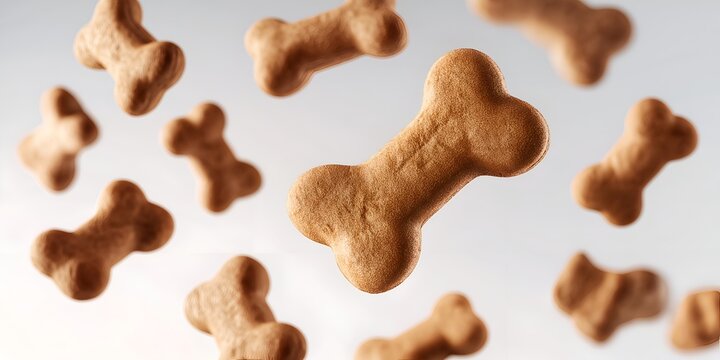 A delightful array of dog treats shaped like bones, floating in the air, emphasizing the joy of pet care and healthy snacks for furry friends.