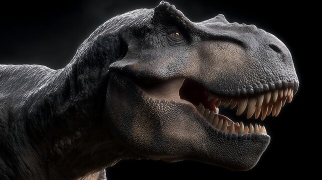 A detailed representation of a Tyrannosaurus Rex, showcasing its fierce features and lifelike textures, set against a dramatic dark background.
