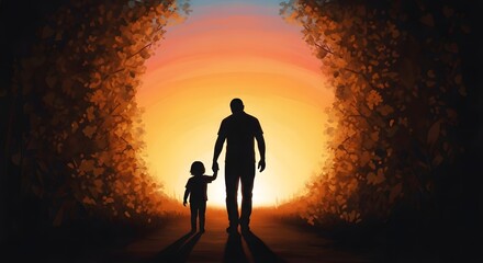 Fototapeta premium Father and son silhouette a journey towards a bright future