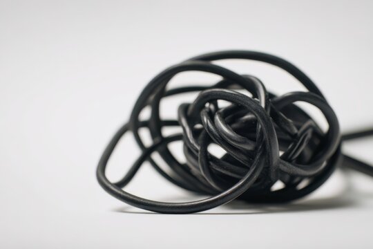Tangled black cable on a clean surface, representing complexity, confusion, technical problems, connection issues, troubleshooting, and process challenges.