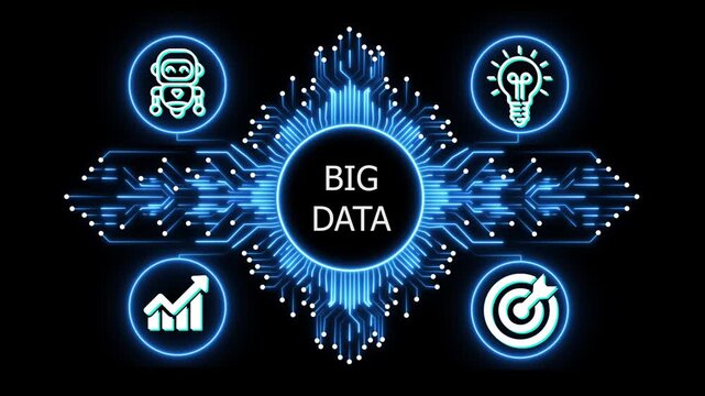 big data logo on glowing circuit board network, connected business icons for finance, analytics, partnership, growth and innovation on black background