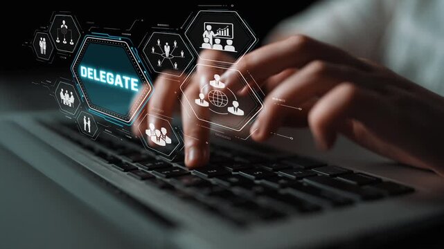 Hands Typing on Keyboard with Digital Interface Showcasing Delegate Concept and Business Data Visualization for Professional Usage Sigmoid