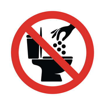 Do not throw garbage in toilet sign vector illustration featuring hand symbol inside red prohibition circle with diagonal line for restroom rules.