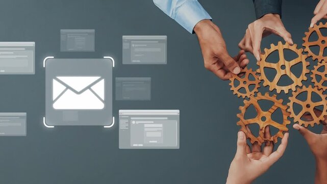 Two hands work together over a digital interface featuring an email icon and gears, symbolizing collaboration and effective communication in a modern workplace. Raster